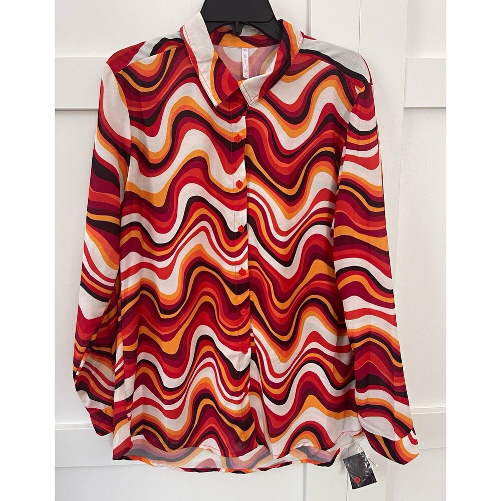 JWA Women’s Multicolor Abstract Collared Button Front Long Sleeve Blouse XL